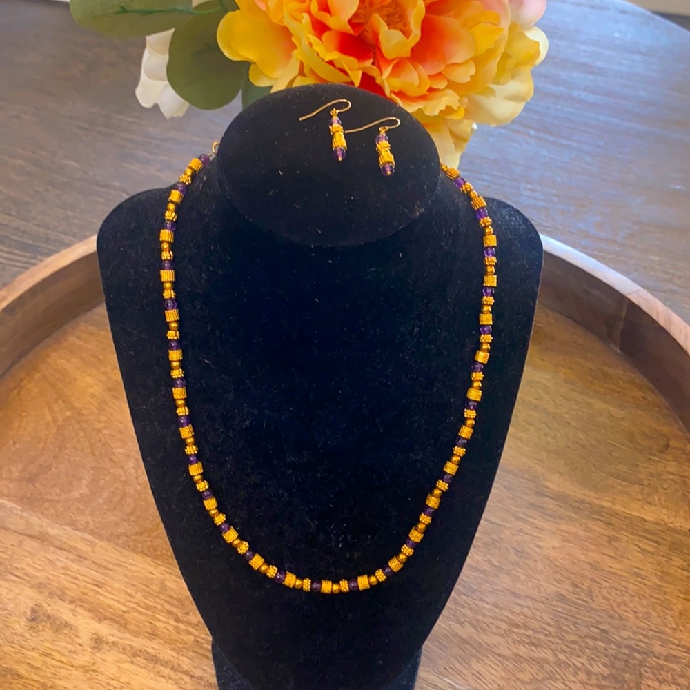 Gold and Amethyst Beaded Necklace Set